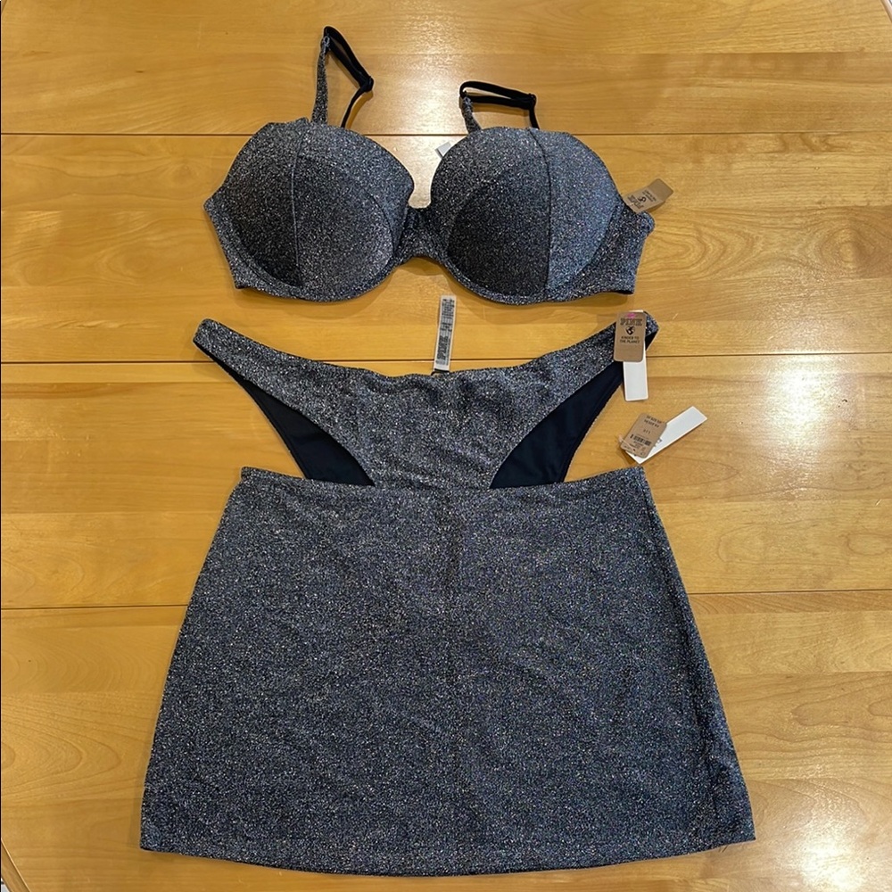 NWT - Victoria Secret PINK sparkling bikini set with matching skirt XXL